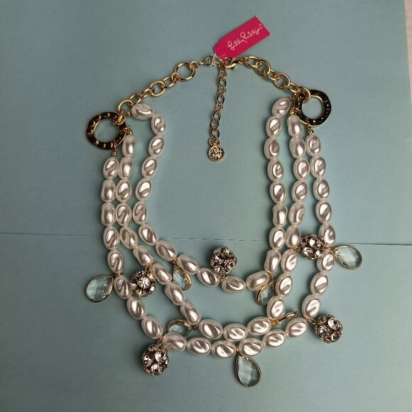 Lilly Pulitzer Statement Necklace 3 Strand Dreamy Pearl In Resort White Casual - Picture 5 of 13